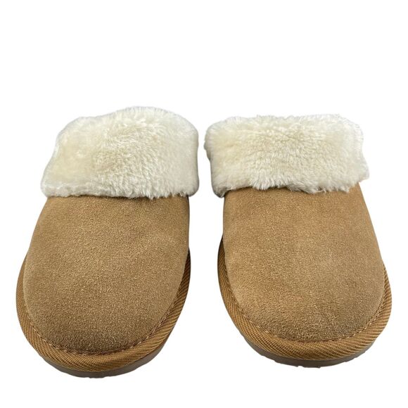 Minnetonka Women’s Mule Slippers 10M Tan Suede Faux Fur Lined Slip-On Comfort - Picture 2 of 11